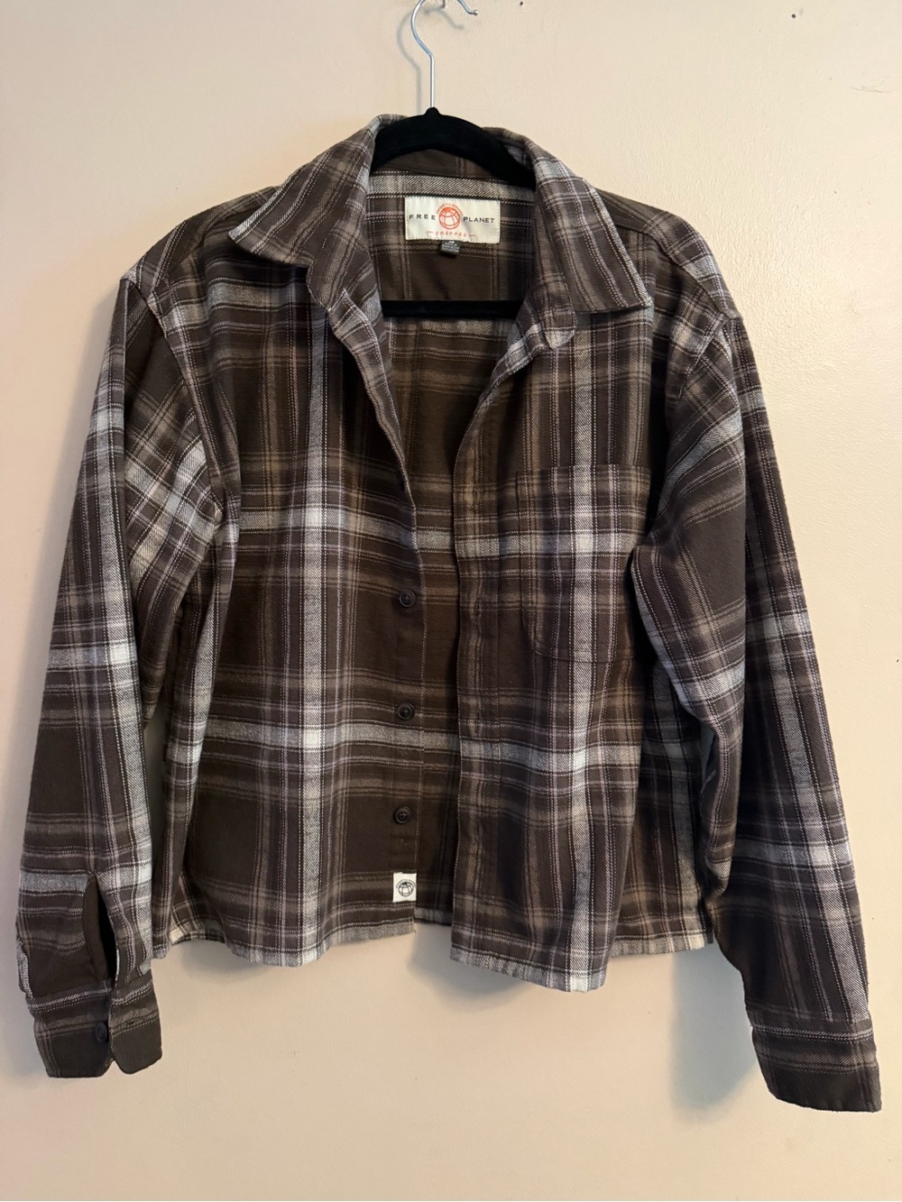 FREE PLANET Cropped Plaid Button Shirt - Brown & Cream